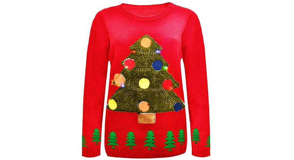 Comfiestyle New Women's Men's Novelty X-Mas Christmas Tree with Flashing Light Jumper 