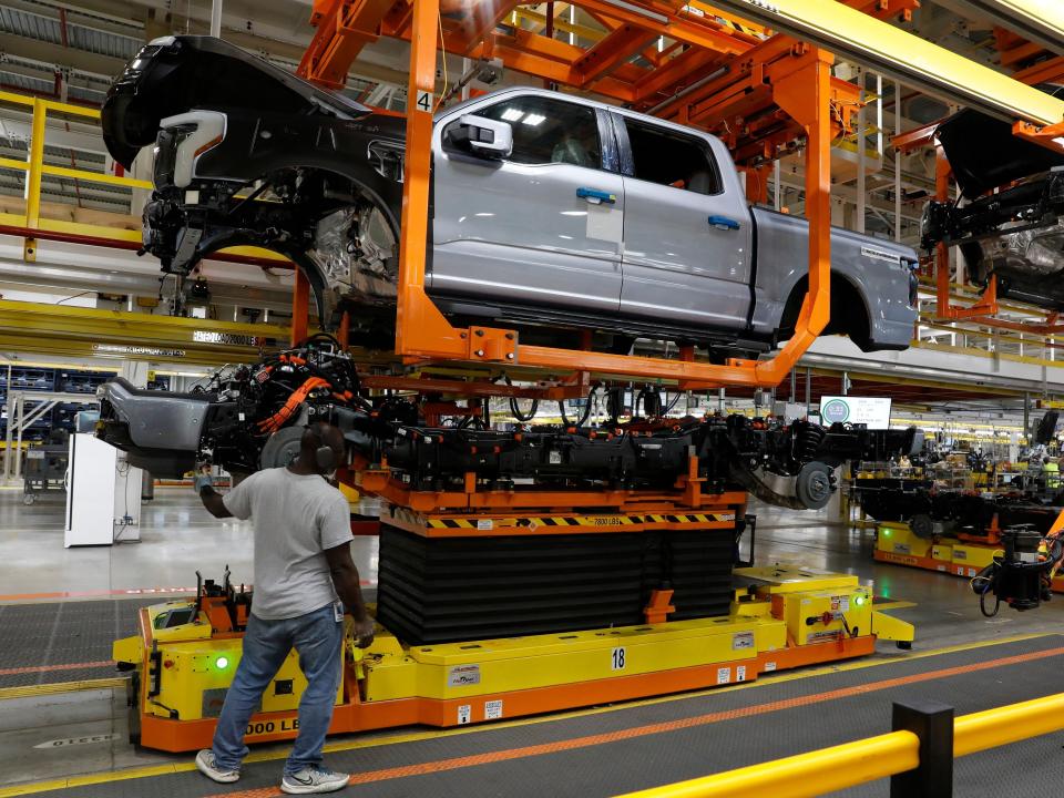 The F-150 Lightning production line at Ford's factory in Dearborn, Michigan