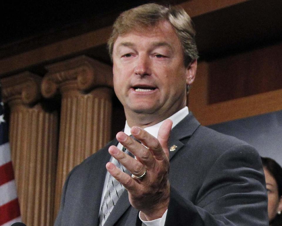 FILE - In this Sept. 8, 2011, file photo, Sen. Dean Heller, R-Nev., speaks during a news conference on Capitol Hill in Washington. Capping a three-month struggle, the Senate closed in Monday on passage of election-year legislation to restore jobless benefits for the long-term unemployed that expired late last year. Approval would send the legislation to a hostile reception in the House, where majority Republicans generally oppose it. Even before the Senate vote, Heller, R-Nev., Sen. Jack Reed, D-R.I., the bill’s leading supporters, said they were willing to consider changes in hopes of securing passage in a highly reluctant House. (AP Photo/Manuel Balce Ceneta, File)