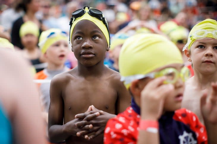 Athletes await the start of the New England Kids Triathlon