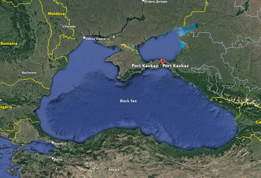 The Russian Black Sea port of Kavkaz, where the Conro Trader was reportedly sunk, is at least 150 miles from the front lines. (Google Earth image)