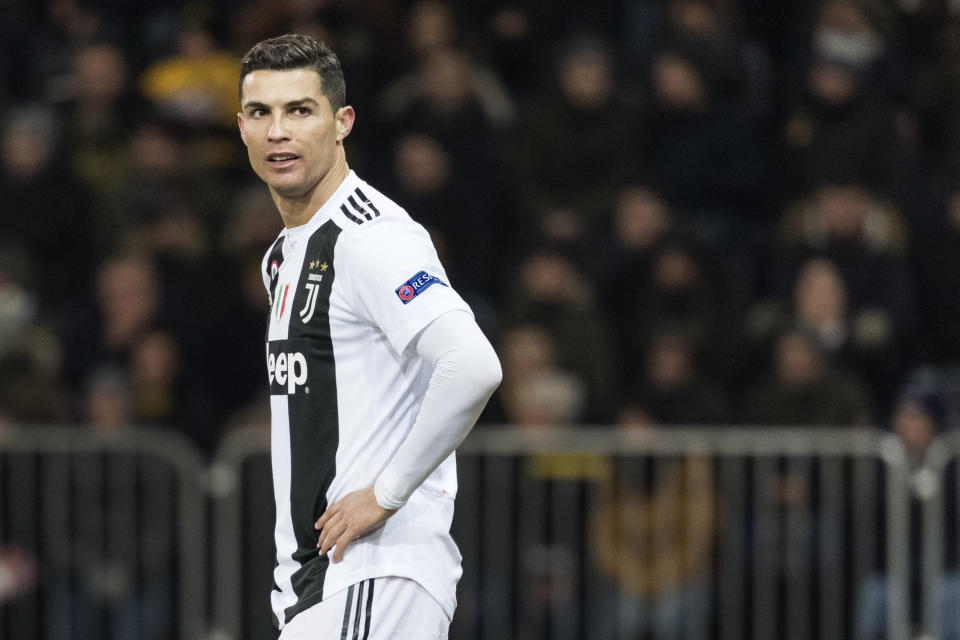 Cristiano Ronaldo reacts during the Champions League group H soccer match between Switzerland's BSC Young Boys Bern and Italy's Juventus Football Club Turin, at the Stade de Suisse in Bern, Switzerland, Wednesday, Dec. 12, 2018. (Alessandro della Valle/Keystone via AP)