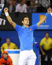 Djokovic raises his arms in triumph