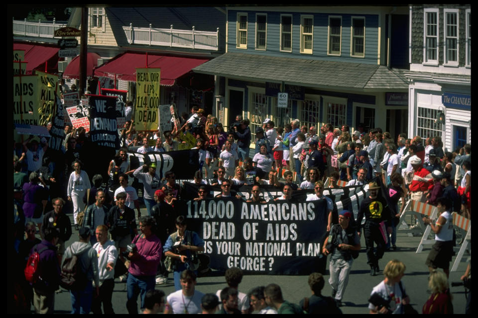 Protesters march near George H.W. Bush's vacation home in Kennebunkport, Maine, in September 1991. (Photo: Dirck Halstead via Getty Images)