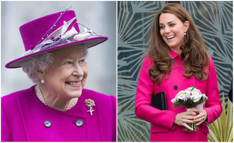 Queen Elizabeth II stepped out in a similar coat to one the Duchess of Cambridge has worn before.<em> (Photos: Getty)</em>