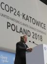 UN Secretary General Antonio Guterres addresses during the opening of COP24 UN Climate Change Conference 2018 in Katowice, Poland, Monday, Dec. 3, 2018. (AP Photo/Czarek Sokolowski)
