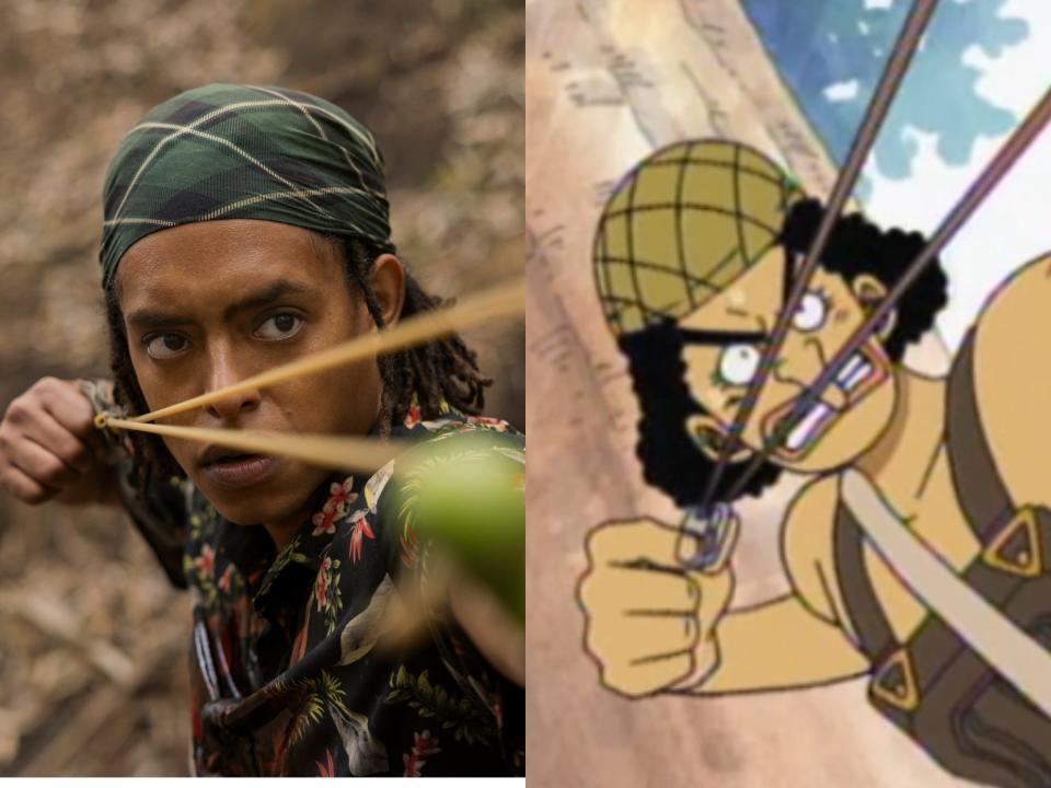 left: jacob romero gibson as usopp in netflix's one piece; right: usopp in the one piece anime. both wear coverings on their heads and are drawing back a slingshot