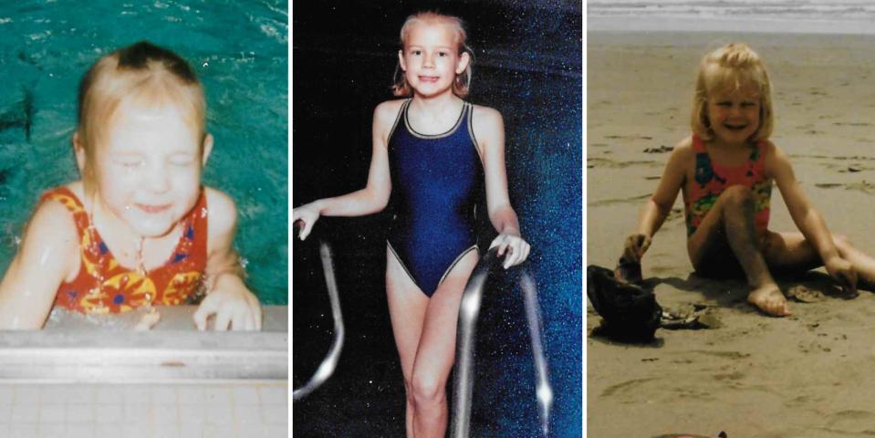 Three side-by-side images of Mallory Weggemann as a young child in a pool, standing near a pool, and sitting in the sand on a beach