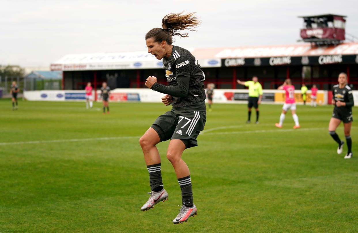 Tobin Heath celebrates her first goal for Manchester United on Sunday. (Photo by John Walton/PA Images via Getty Images)