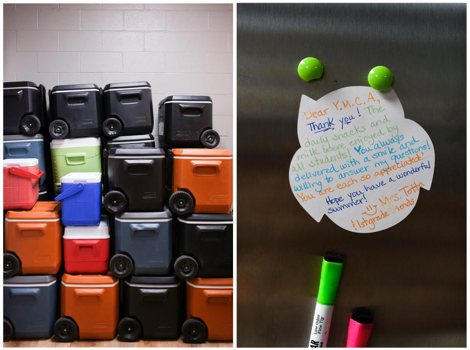 Coolers and a sign at the Adair County Family YMCA in Kirksville, Mo., this month.  (Arin Yoon for NBC News)