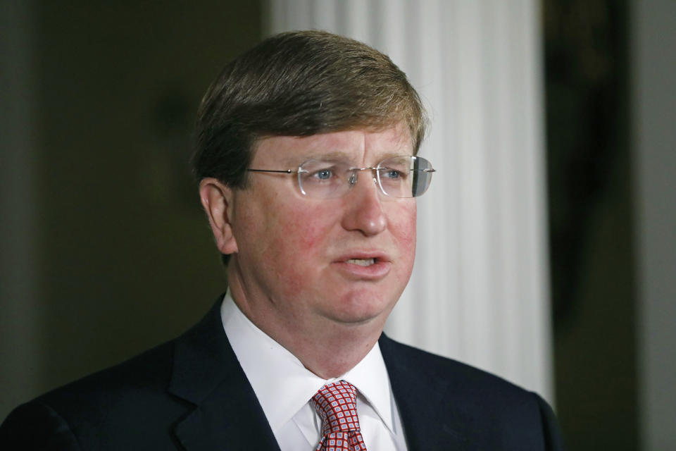 Mississippi Republican Gov. Tate Reeves delivers a televised address prior to signing a bill retiring the last state flag in the United States with the Confederate battle emblem, at the Governor's Mansion in Jackson, Miss., Tuesday, June 30, 2020. (AP Photo/Rogelio V. Solis, Pool)