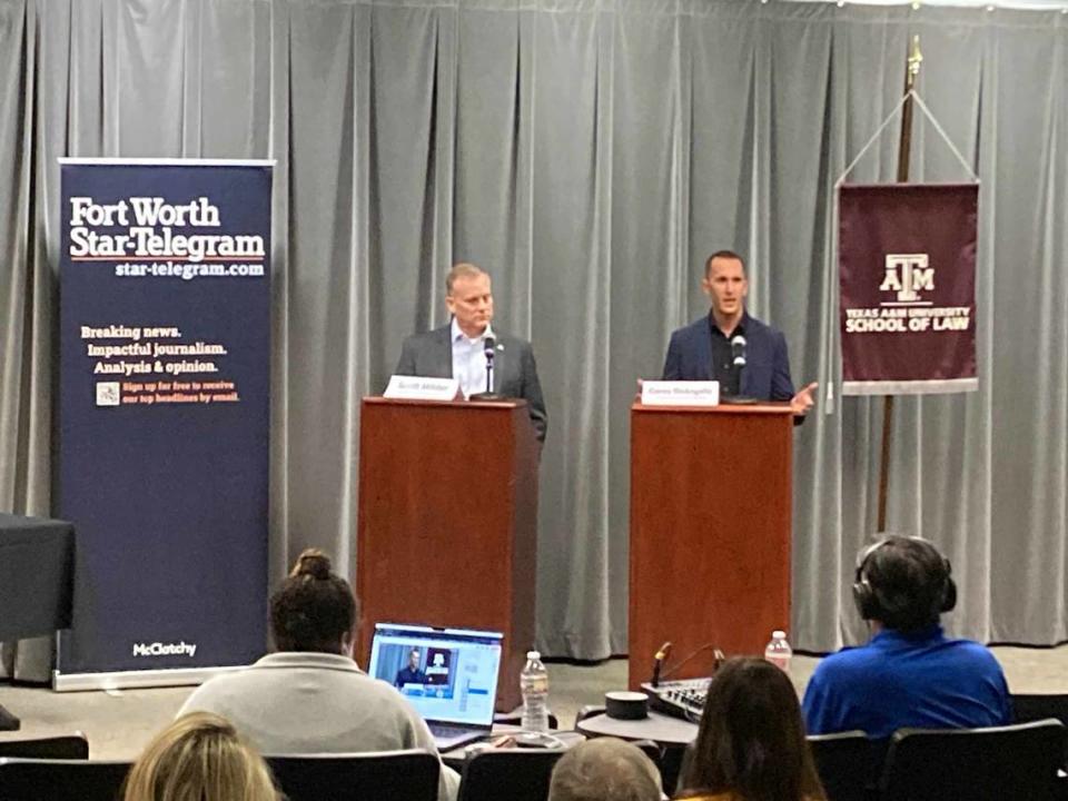 Corey DeAngelis (right), sparred with Scott Milder, co-founder of the Friends of Texas Public Schools over the issue of school vouchers at a Star-Telegram event last year. DeAngelis’ new book is “The Parent Revolution.”