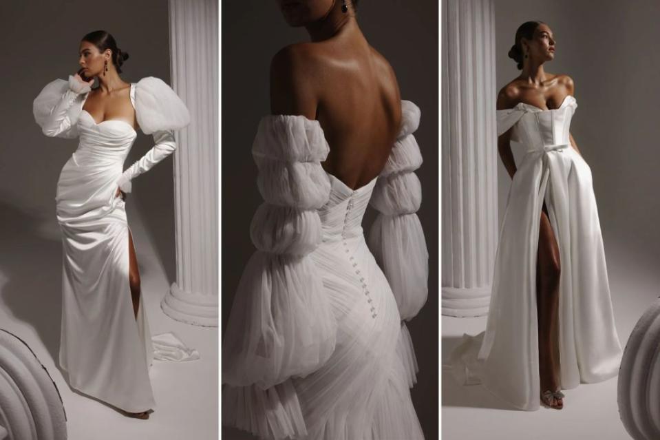 Hera Couture gowns, including (from left) the “Adrian,” “Vienna” and “Johanna,” capture a once-upon-a-time vibe. Images: Courtesy of Hera Couture