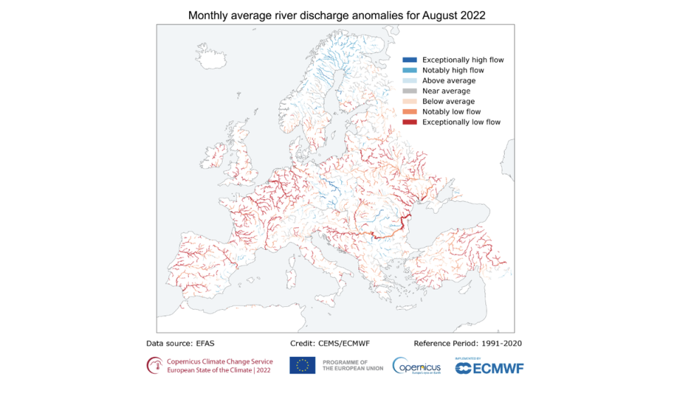 Monthly average river discharge anomalies for August 2022 (CEMS/ECMWF)