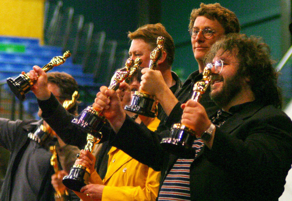 Lord of the Rings director Peter Jackson at a homecoming event in Wellington after Return of the King cleared up at the Oscars in 2004 (AFP via Getty Images)