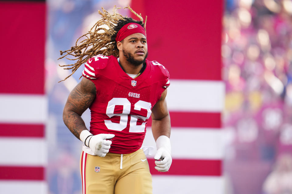 SANTA CLARA, CA - JANUARY 28: Chase Young #92 of the San Francisco 49ers runs onto the field prior to the NFC Championship NFL football game against the Detroit Lions at Levi's Stadium on January 28, 2024 in Santa Clara, California. (Photo by Cooper Neill/Getty Images)