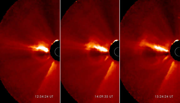 This triptych shows a coronal mass ejection or CME as it burst off of the sun in the morning of Jan. 13, 2013. The images were captured by NASA's Solar Terrestrial Relations Observatory (STEREO).