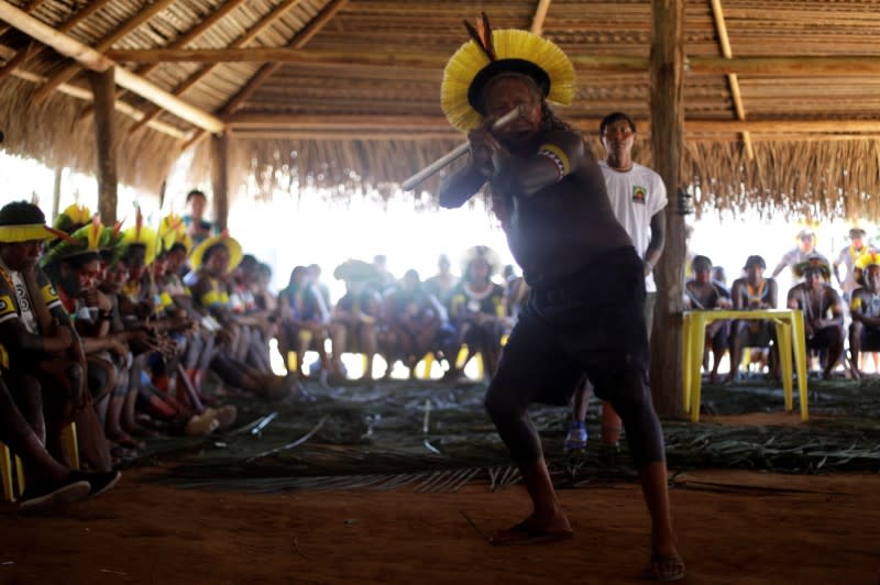 Indigenous leader Cacique Raoni of Kayapo tribe, talks during the opening of a four-day pow wow in Piaracu village, in Xingu Indigenous Park, near Sao Jose do Xingu, Mato Grosso state