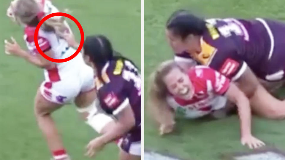 Brisbane Broncos player Amber Hall will escape suspension after this clumsy tackle on St George Illawarra's Isabelle Kelly, which resulted in a broken ankle. Pictures: Fox Sports