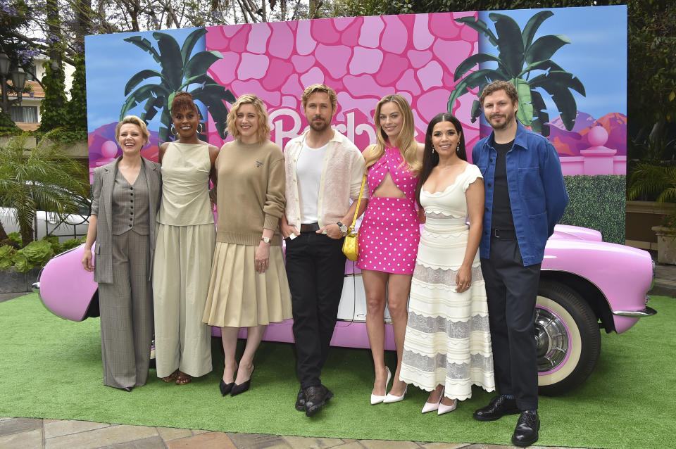 Kate McKinnon, from left, Issa Rae, Greta Gerwig, Ryan Gosling, Margot Robbie, America Ferrera and Michael Cera arrive at a photo call for "Barbie," Sunday, June 25, 2023, at the Four Seasons Hotel in Los Angeles. (Photo by Jordan Strauss/Invision/AP)