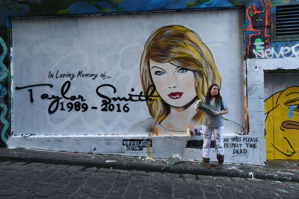 A RIP Taylor Swift mural by graffiti artist Lushsux of Melbourne, Australia, surfaces in July 2016 amid the social media feud between Taylor Swift and Kim Kardashian.