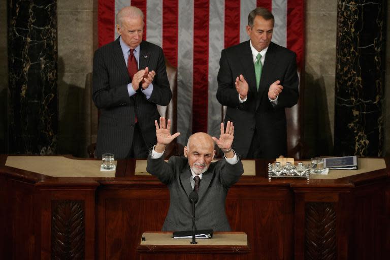 Afghanistan's President Ashraf Ghani (C) expresses his country's gratitude for America's fiscal commitment and military sacrifices, during a meeting at the US Capitol, in Washington, DC, on March 25, 2015