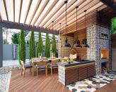 <p> If you want to go big and bold with your BBQ deck ideas, then creating a super-chic outdoor &apos;room&apos; for all your cooking and dining needs may be the way forward. </p> <p> This stunning setup is the perfect base for cooking up feasts over flames, rustic-style. And once the cooking&apos;s over, the warm glow of the fireplace can still be enjoyed from the nearby seating area. </p> <p> A pergola overhead will offer a welcome dose of shade for guests, so is always worth considering when planning your BBQ area. And here, it also provides support for industrial-style pendant lights, so the party can continue well into the night. </p>