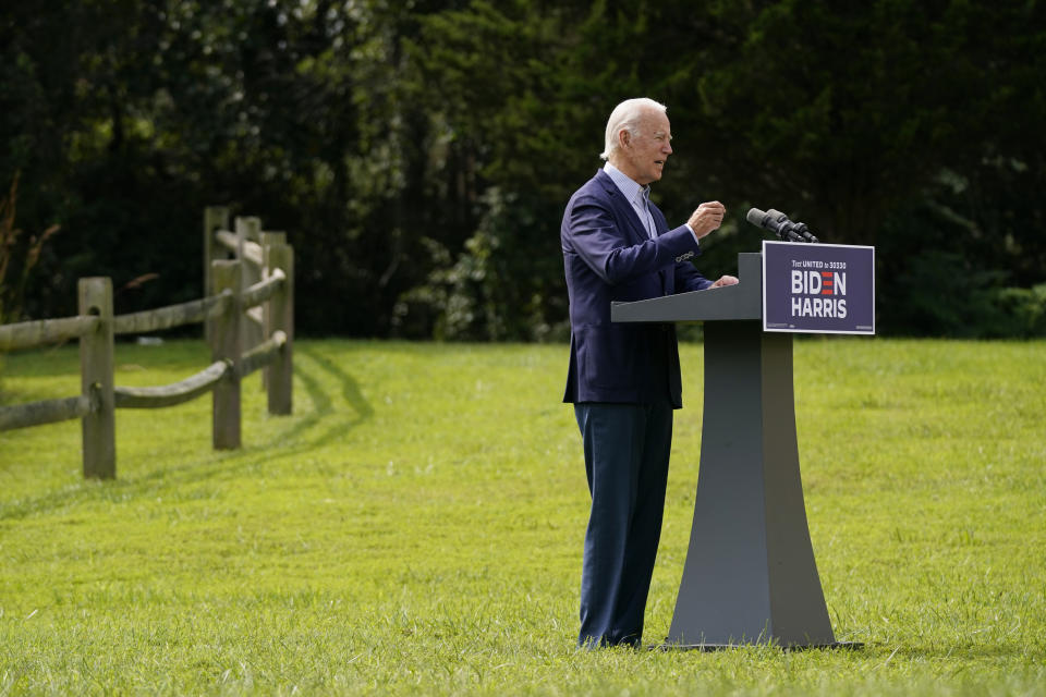 Democratic presidential candidate and former Vice President Joe Biden speaks about climate change and wildfires affecting western states, Monday, Sept. 14, 2020, in Wilmington, Del. (AP Photo/Patrick Semansky)