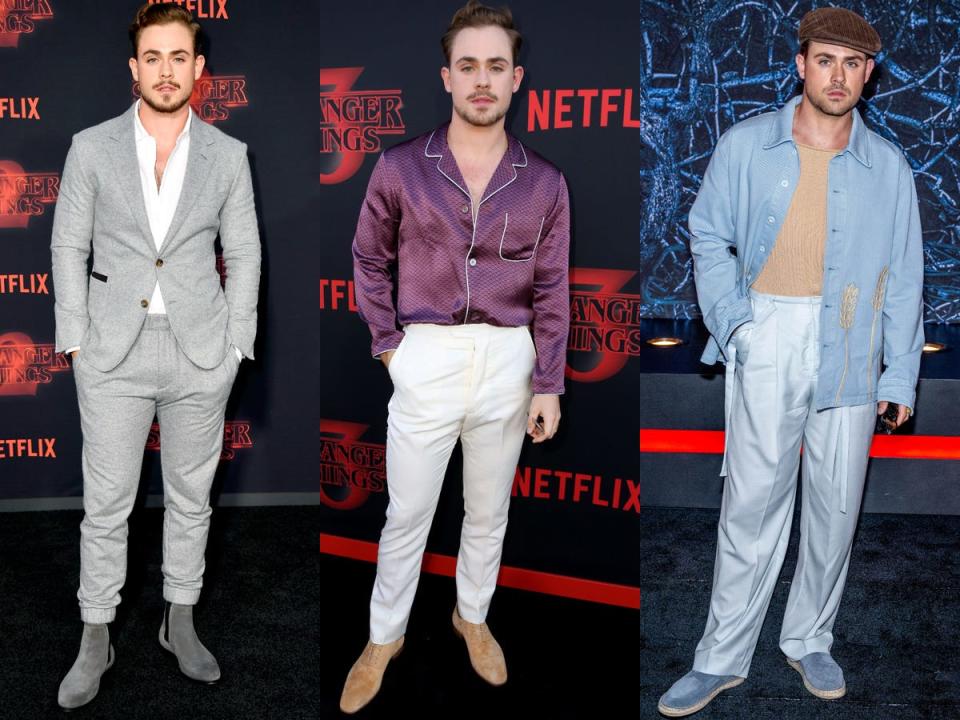 Dacre Montgomery at "Stranger Things" premieres between 2017 and 2022.