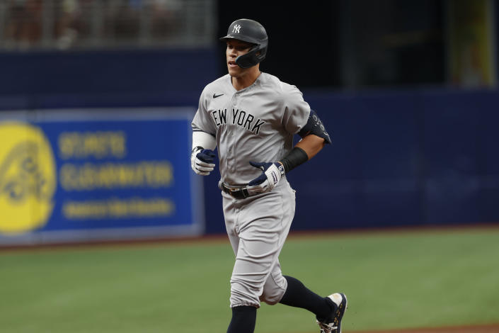New York Yankees' Aaron Judge circles the the bases after hitting a home run against the Tampa Bay Rays during the first inning of a baseball game Sunday, Sept. 4, 2022, in St. Petersburg, Fla. (AP Photo/Scott Audette)