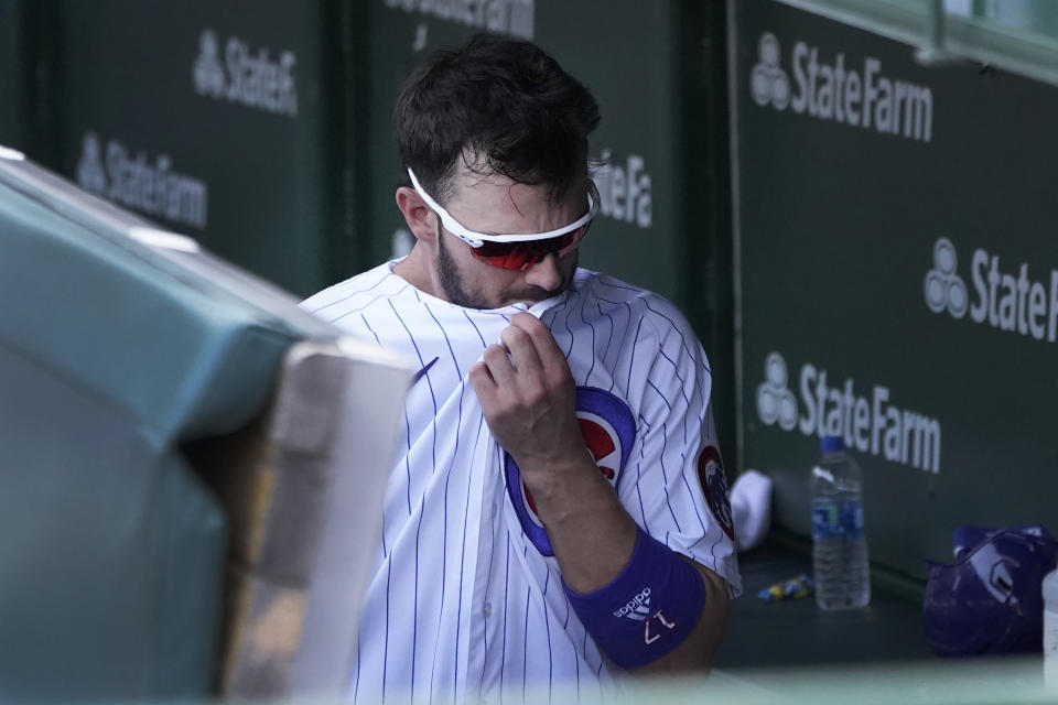 Chicago Cubs' Kris Bryant heads to the clubhouse after a 7-4 loss to the Cincinnati Reds in a baseball game Thursday, July 29, 2021, in Chicago. (AP Photo/Charles Rex Arbogast)