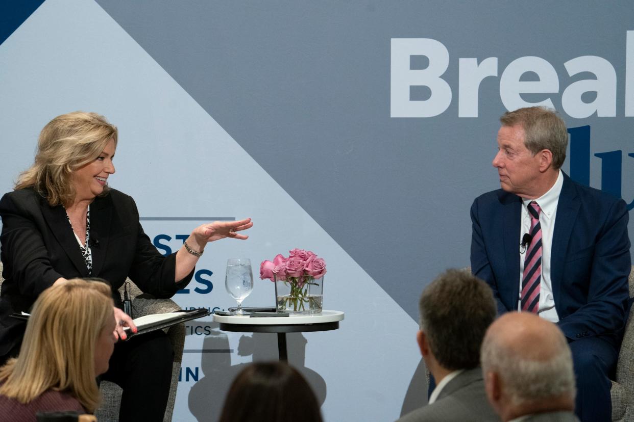 Carol Cain, left, interviews Executive Chair of Ford, William Clay Ford Jr., during the Detroit Free Press Breakfast Club series on Wednesday, April 17, 2024 at the Daxton Hotel in Birmingham.