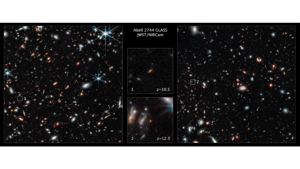 Two of the farthest galaxies seen to date are captured in these Webb Space Telescope pictures of the outer regions of the giant galaxy cluster Abell 2744. The galaxies are not inside the cluster, but many billions of light-years farther behind it (SCIENCE: NASA, ESA, CSA, Tommaso Treu (UCLA)  IMAGE PROCESSING: Zolt G. Levay (STScI))