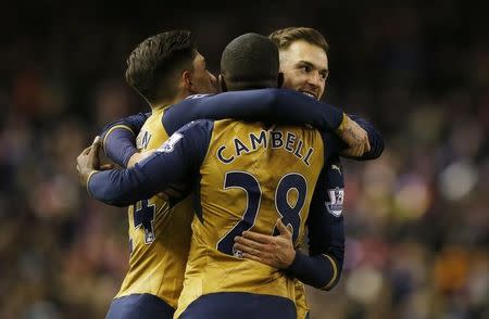 Football Soccer - Liverpool v Arsenal - Barclays Premier League - Anfield - 13/1/16 Aaron Ramsey celebrates scoring the first goal for Arsenal Reuters / Phil Noble Livepic