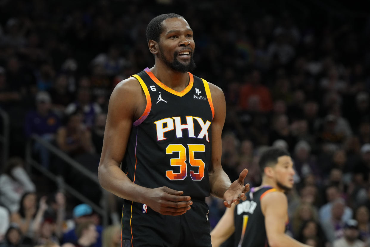 Phoenix Suns forward Kevin Durant (35) during the first half of an NBA basketball game against the Denver Nuggets, Thursday, April 6, 2023, in Phoenix. (AP Photo/Rick Scuteri)