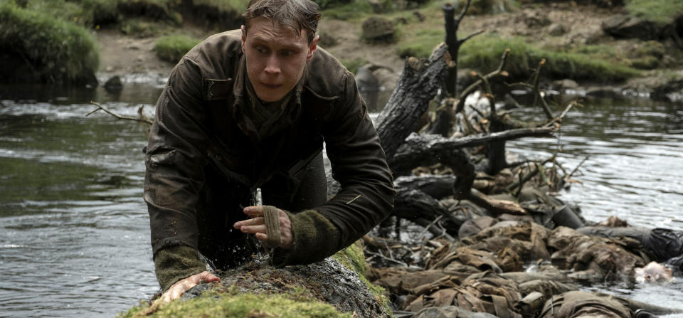 This image released by Universal Pictures shows George MacKay in a scene from "1917," directed by Sam Mendes. (François Duhamel/Universal Pictures via AP)