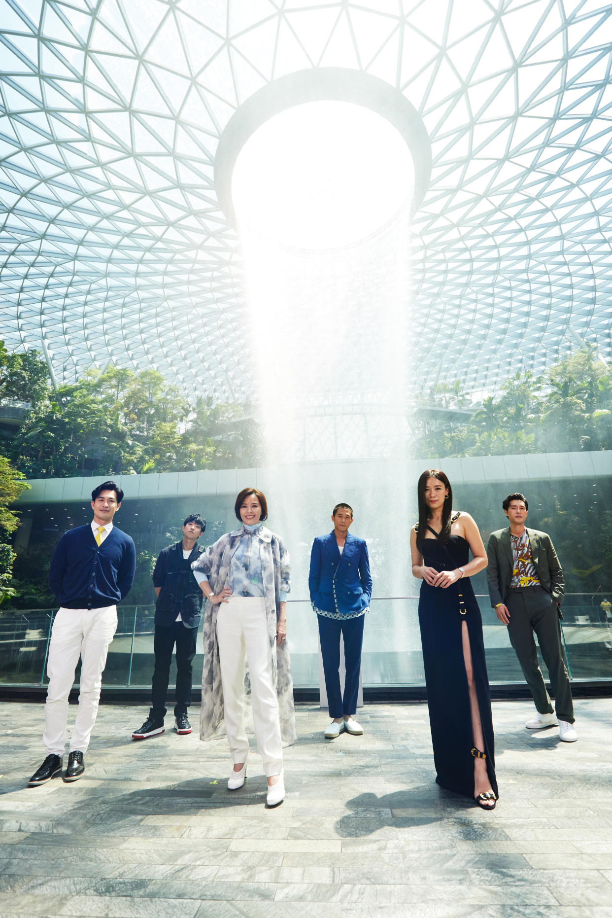 Mediacorp actors (left to right) Pierre Png, Benjamin Tan, Zoe Tay, Desmond Tan, Rebecca Lim, and James Seah at the HSBC Rain Vortex at Jewel Changi on 6 April 2021 as they announced that the Star Awards would be held at Changi Airport and Jewel Changi. (Photo: Mediacorp)