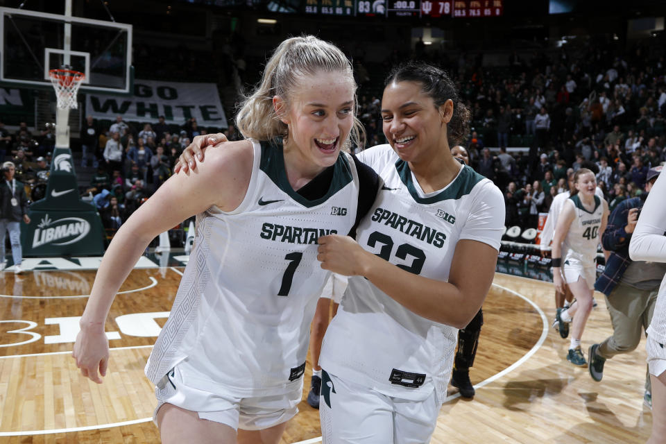 Michigan State's Tory Ozment, left, and Moira Joiner celebrate after defeating Indiana in an NCAA college basketball game on Thursday, Dec. 29, 2022, in East Lansing, Mich. (AP Photo/Al Goldis)