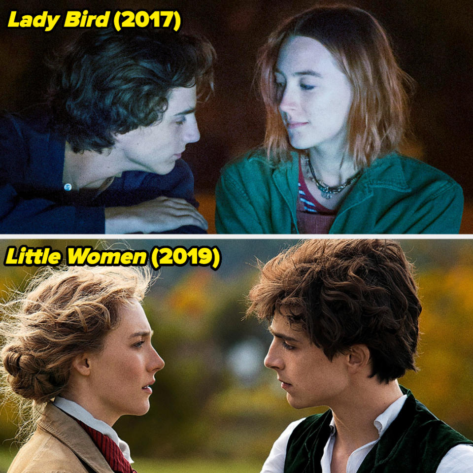 Timothée Chalamet and Saoirse Ronan in scenes from "Lady Bird" (2017) and "Little Women" (2019). In both, they gaze at each other intently