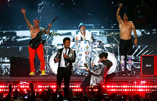 Getty Images: Bruno Mars performs with the Red Hot Chili Peppers during the halftime show of Super Bowl XLVIII