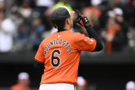 Baltimore Orioles' Ryan Mountcastle celebrates after his home run during the fifth inning of a baseball game against the Oakland Athletics, Saturday, April 27, 2024, in Baltimore. (AP Photo/Nick Wass)