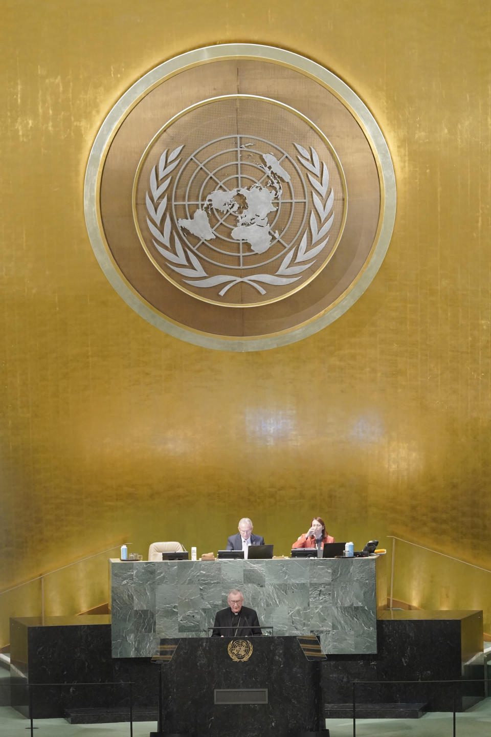 Holy See Secretary of State Cardinal Pietro Parolin addresses the 77th session of the United Nations General Assembly, Saturday, Sept. 24, 2022 at U.N. headquarters. (AP Photo/Mary Altaffer)