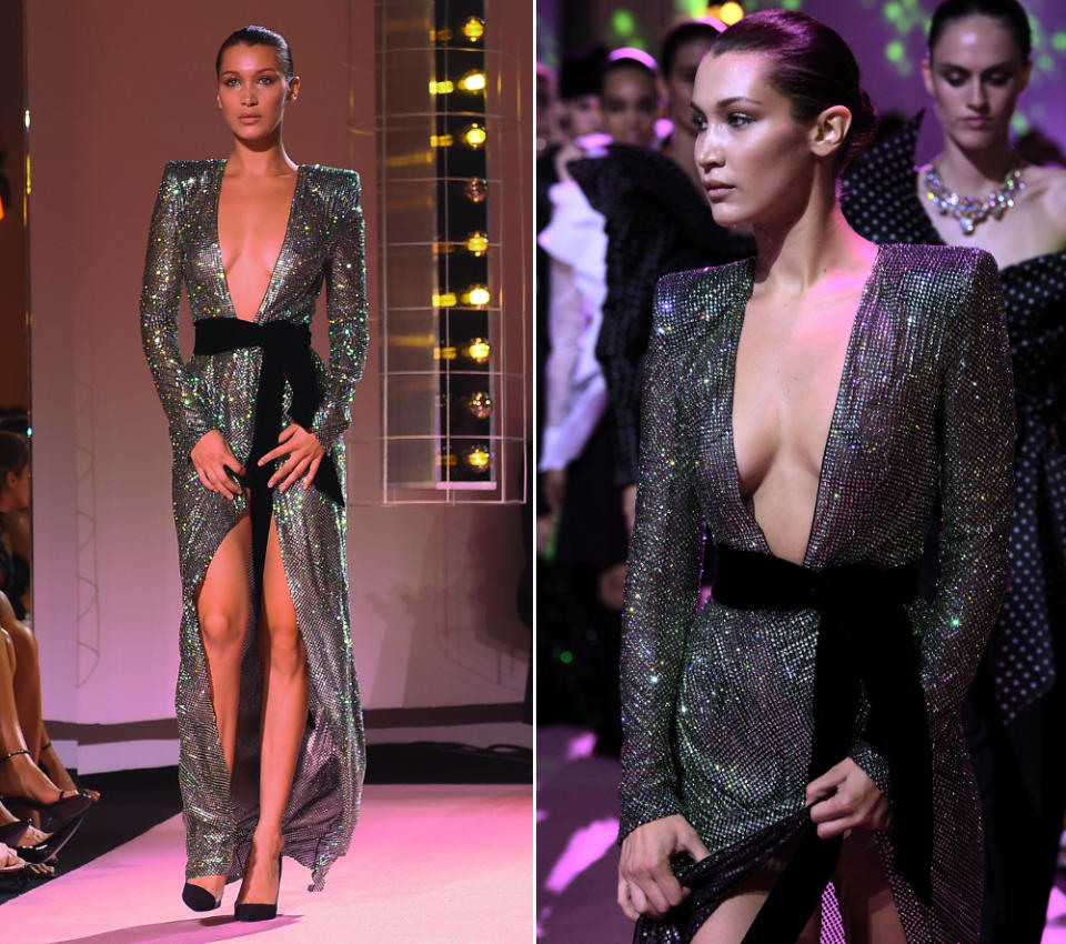 <p>… von ihrer Freundin Bella Hadid, die das Dress – wenn auch weitaus weniger souverän als Cara – bereits Anfang Juli auf der Haute-Couture-Fashion-Week in Paris auf dem Runway getragen hatte! (Bilder: Rex Features) </p>