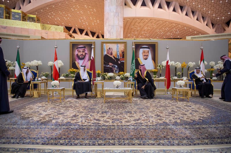 Saudi Crown Prince, Mohammed bin Salman and Qatar's Emir Sheikh Tamim bin Hamed al-Thani are seen ahead of the Gulf Summit at Riyadh, Saudi Arabia