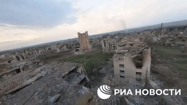 An aerial view of destruction in Bakhmut, Ukraine.