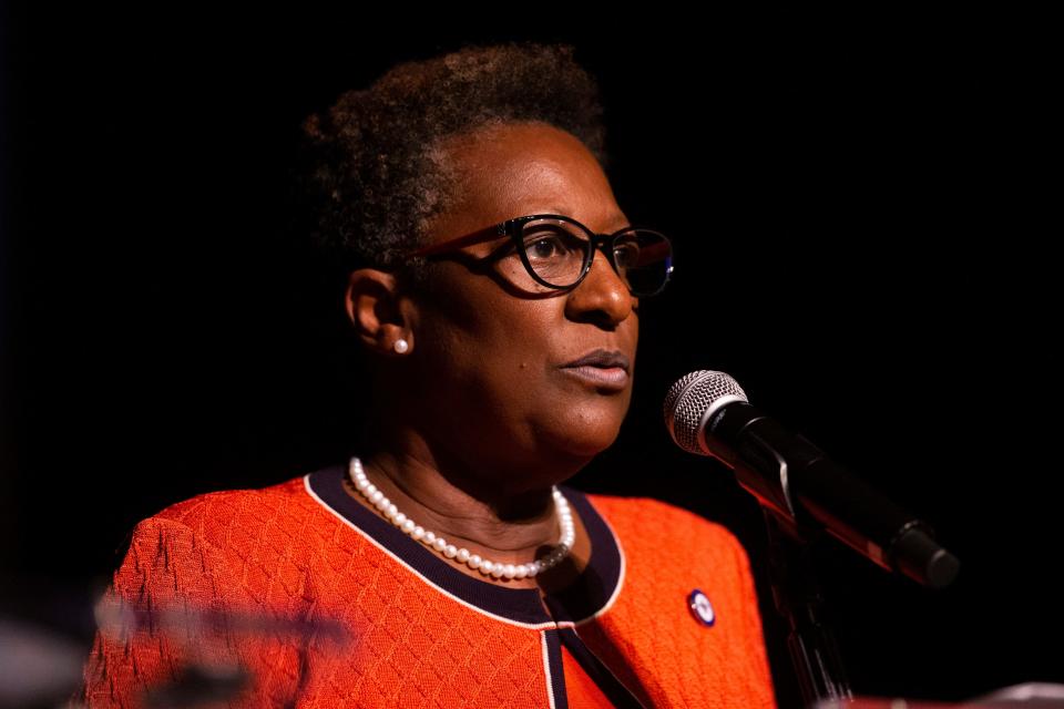 Mayoral candidate Karen Camper, Democratic Minority Leader in the Tennessee General Assembly, answers a question during a forum hosted by the Greater Memphis Chamber at the Halloran Centre for Performing Arts and Education in Memphis, Tenn., on Thursday, August 17, 2023.
