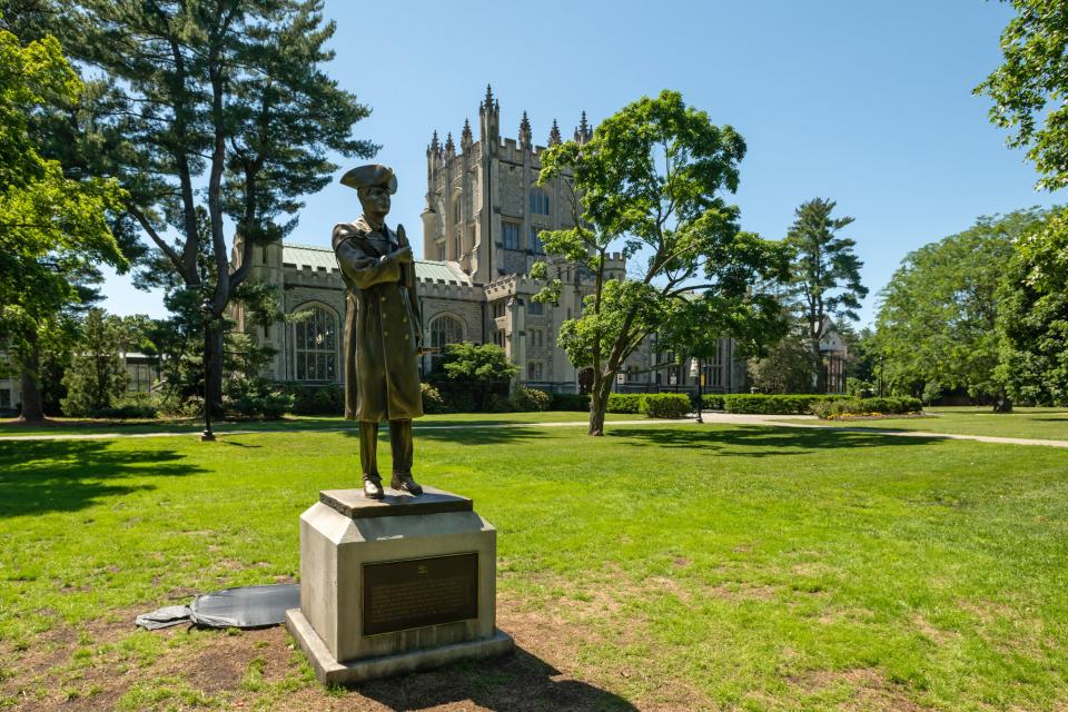 A statue of Essex College's fictitious founder was one of several props on Vassar College's campus for "The Sex Lives of College Girls."