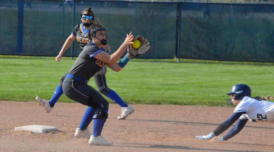 Peyton Zajac steals second base for Airport during a 12-2 win over Jeferson on Monday, April 22, 2024. Cameran Carter takes the throw for Jefferson with Alivia LeBrun backing her up.