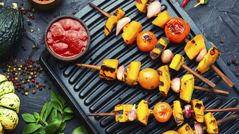 Kebabs on grill pan