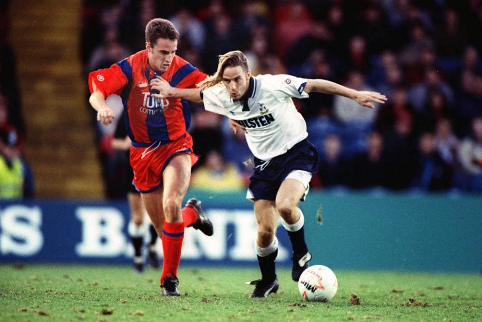 Gareth Southgate tries to dispossess Paul Walsh while playing for Crystal Palace against Tottenham in December 1991.